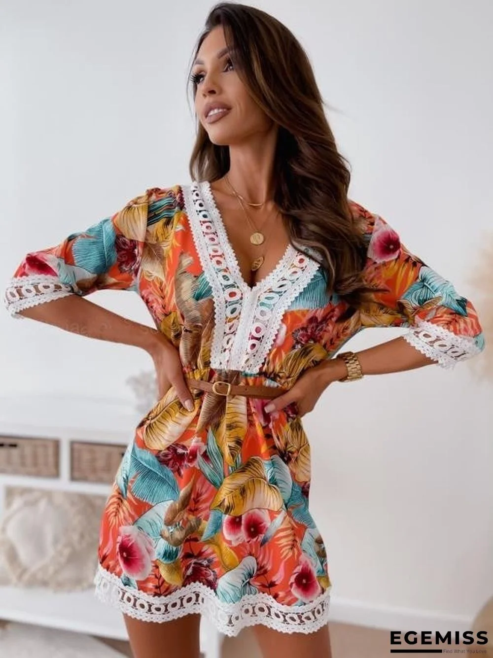 New Lace Printed Dress with Belt | EGEMISS