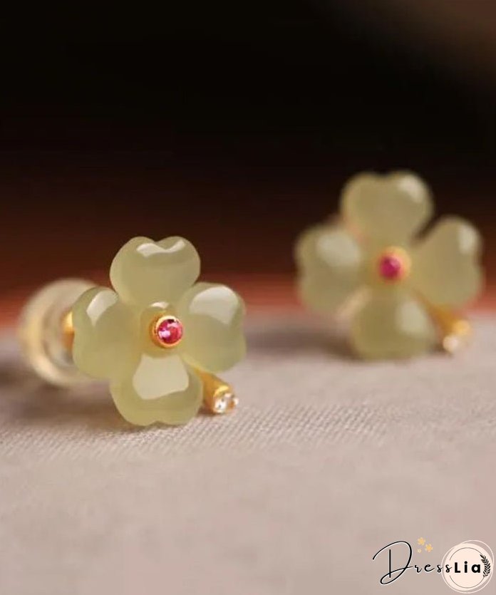 Women Light Green Sterling Silver Jade Zircon Four Leaf Clover Stud Earrings