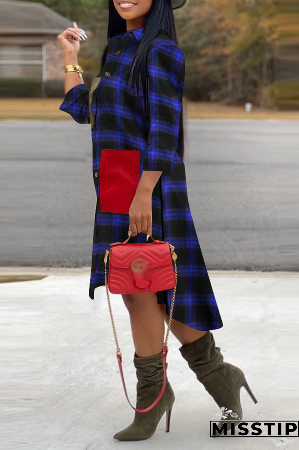 Blue Casual Plaid Patchwork Turndown Collar Shirt Dress Dresses