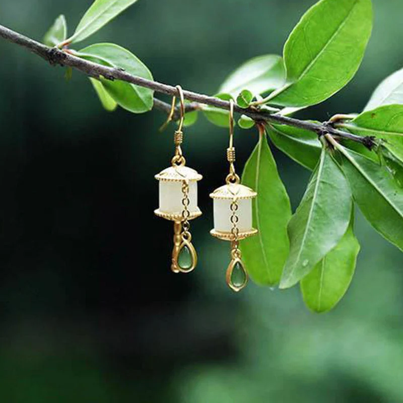925 Sterling Silver Jade Prayer Wheel Luck Drop Earrings