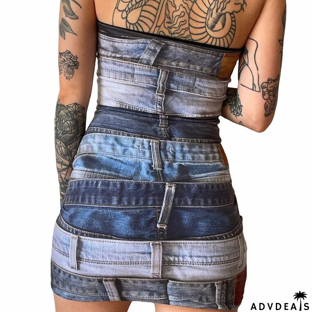 Women Fashion Prints Style Slim Fit Low Back Strapless Bodycon Dress