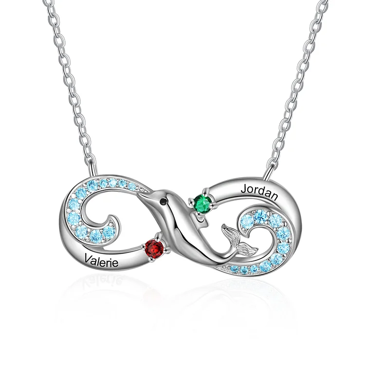 Gravur 2 Namen Infinity Delphin Halskette mit 2 Geburtssteinen