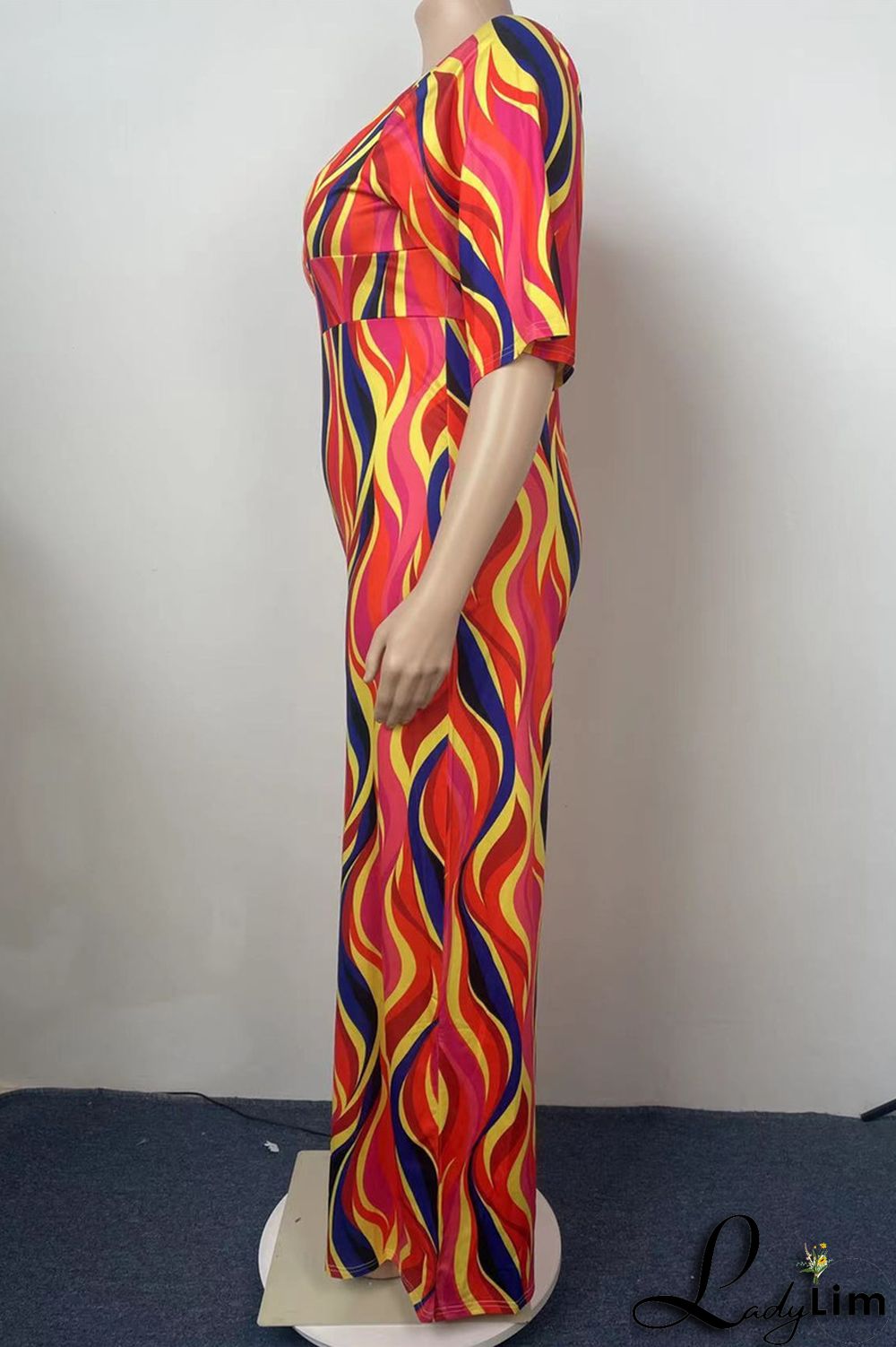 Red Fashion Casual Print Split Joint V Neck Regular Jumpsuits