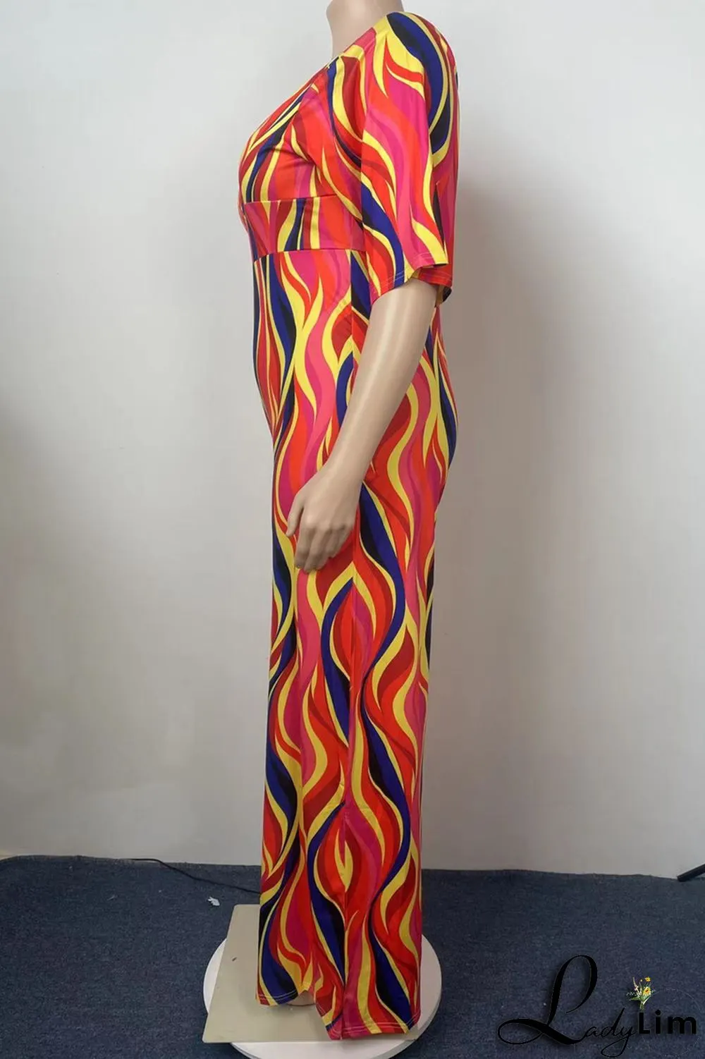 Red Fashion Casual Print Split Joint V Neck Regular Jumpsuits