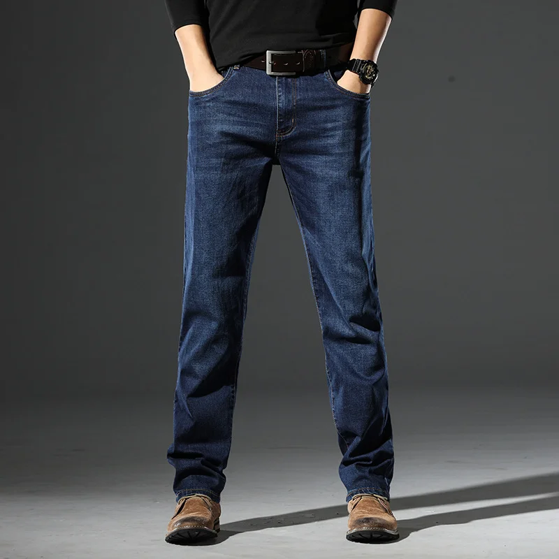 Men's Straight Elastic Mid Waist Jeans Soft cotton Line with fleece Western Style For Work Wear