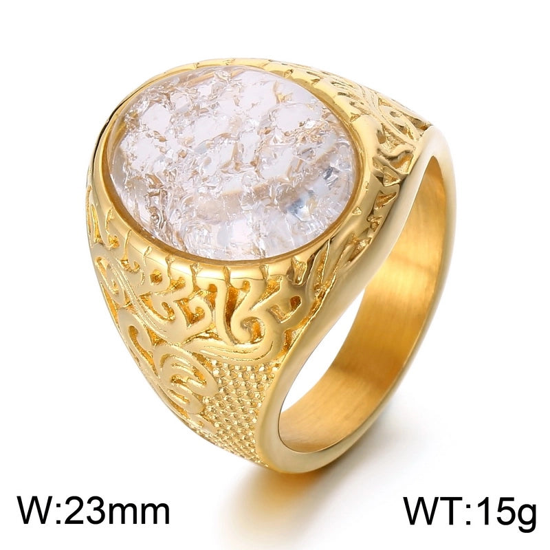 Jewelry Hip-Hop Oval 304 Stainless Steel Natural Stone 18K Gold Plated Inlay Rings