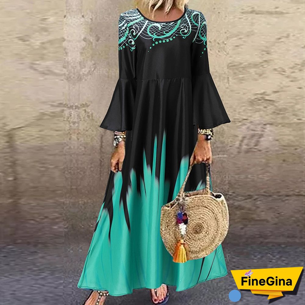 Women Kaftan Party Color Printed Long Shirt Dress Casual Flare Sleeve O Neck Slim Maxi Sundress