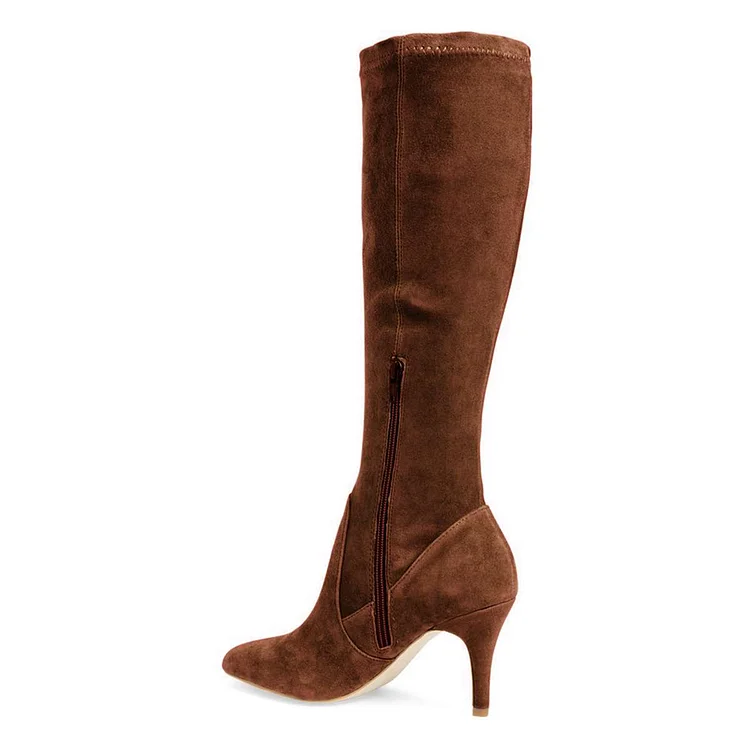 Brown Vegan Suede Knee-high Stiletto Boots for Women |FSJ Shoes