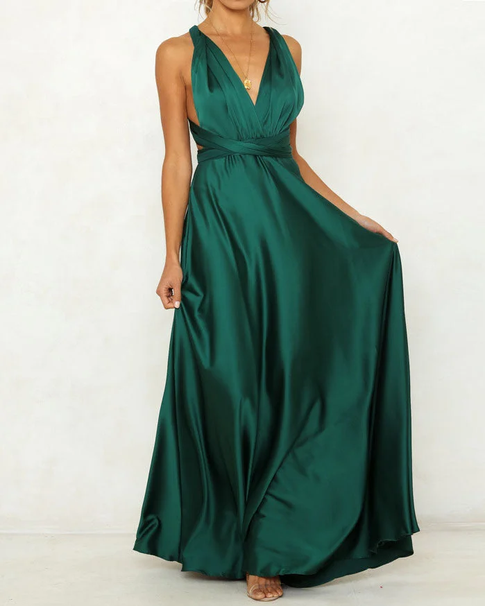 Solid color strap v-neck halter high-waisted dress
