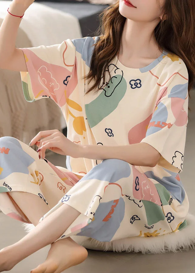 Cute Beige O-Neck Print Cotton Pajamas Two Piece Summer