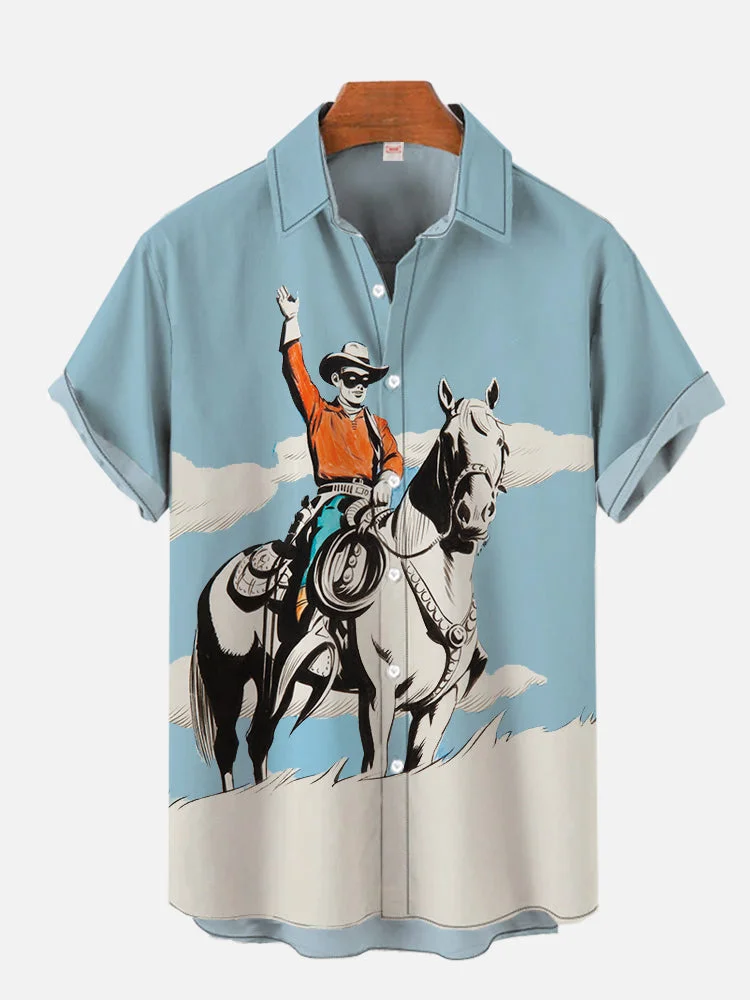 Blue Vintage Western Cowboy Style Lone Ranger Printing Short Sleeve Shirt