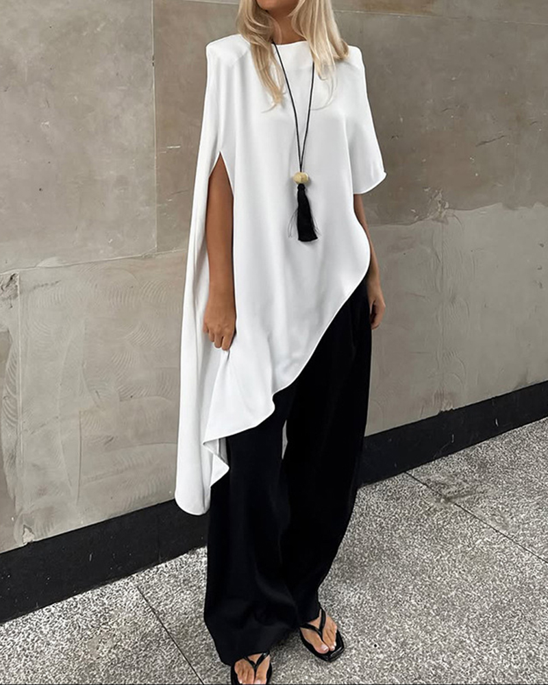 Asymmetric Hem Short Sleeve Round Neck Solid Color Top