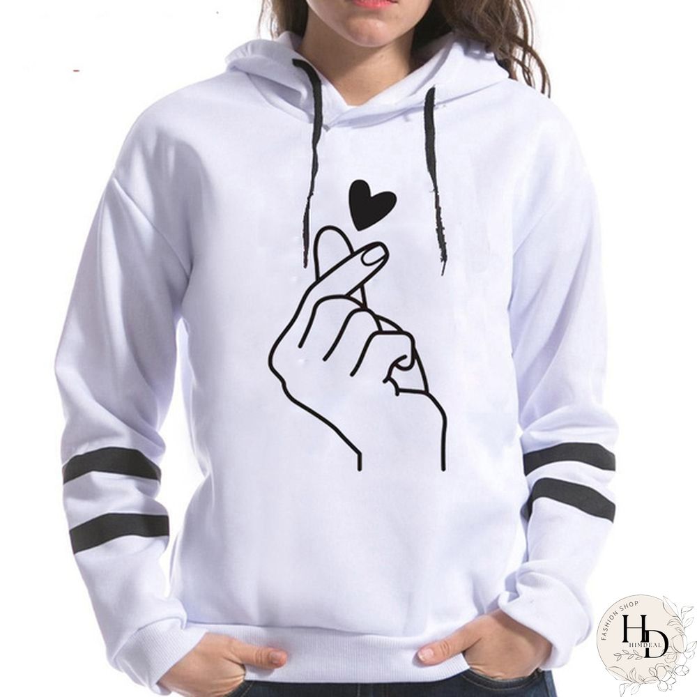 Fashion Love Gesture Style Hoodies Pullover Women Printed Casual Sport Outdoor Pocket Long Sleeve Hooded Sweatshirts Coat