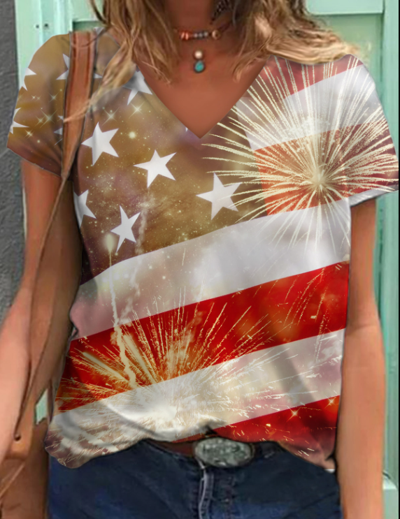 Summer Women's Top Short Sleeve Women's Independence Day Star Print V-neck T-shirt
