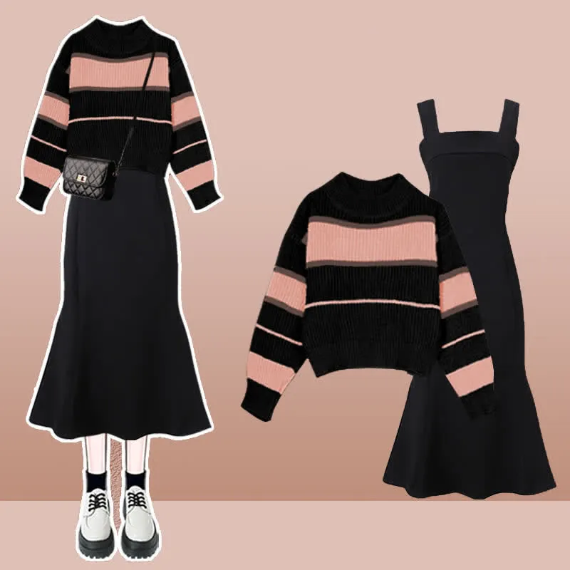Colorblock Stripe Lace Up Sweater Fishtail A-line Slip Dress