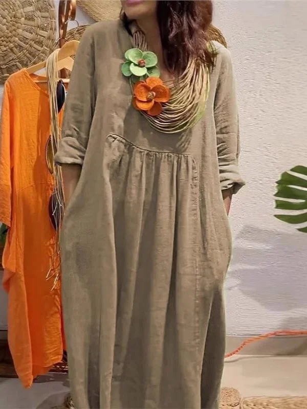 Athvotar Athvotar Spring And Summer Women's V-Neck Casual Solid Cotton Pocket Dress