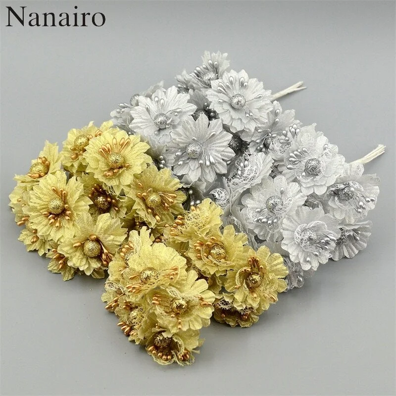 6pcs Golden Silver Glitter Artificial silk flower bouquet for Wedding Decoration Scrapbook DIY handcarft Fake flowers