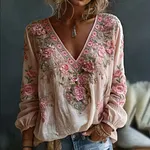 Women's Bohemian Pink Rose Embroidery Art V-neck Long Sleeve Top - Image 2