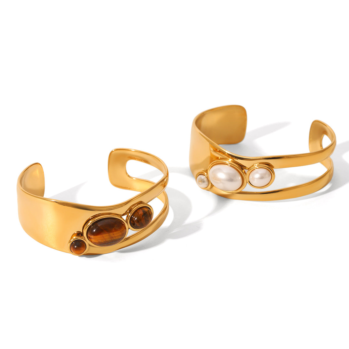 Stainless Steel Hollow Pearl Bracelet Natural Tiger Eye Stone Open Bracelet Retro Titanium Steel Jewelry