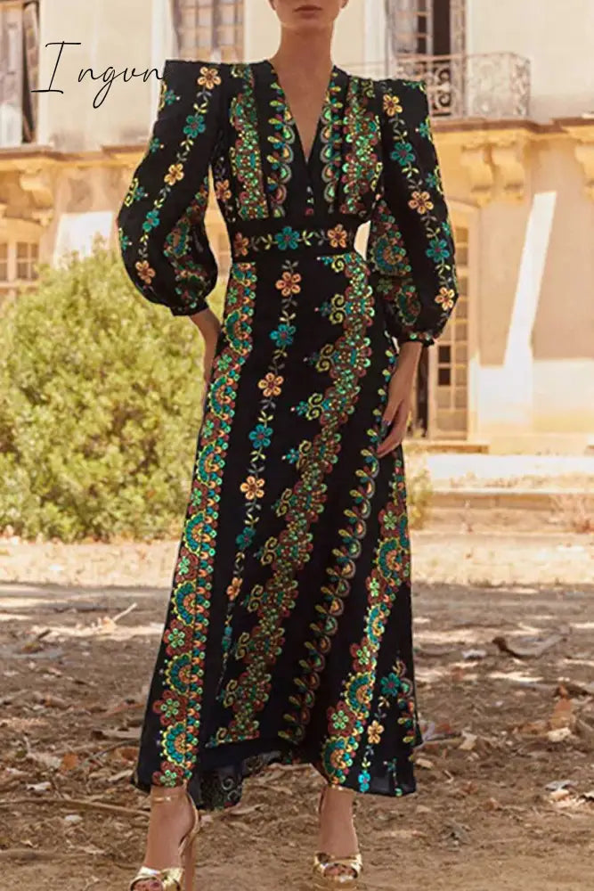 Ingvn - Vintage Elegant Geometric Print V Neck Two Pieces Black / S Pieces/Two-Piece Dress