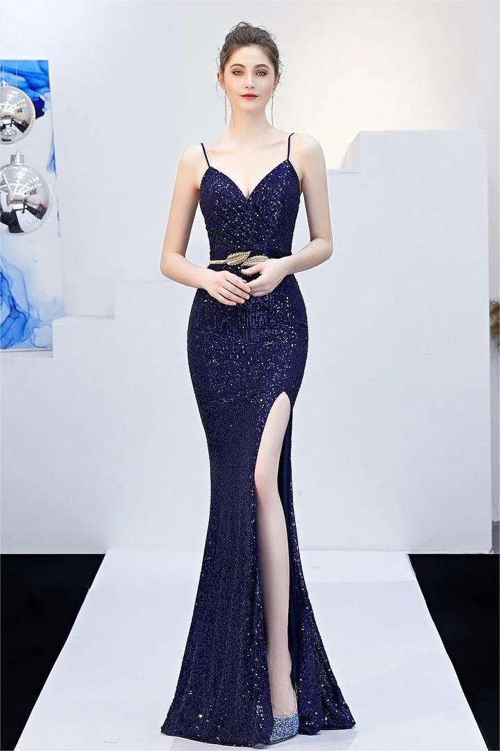 Hellodresses Dark Navy Sequins V Neck Sleeveless Spaghetti Strap Long Mermaid Prom Dress With Split