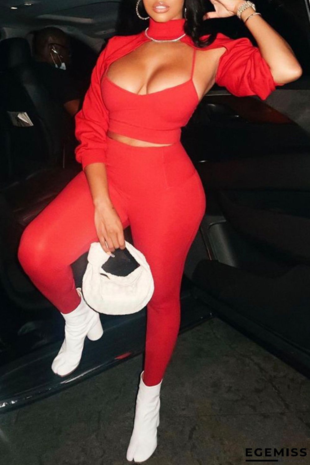 Red Fashion Sexy Solid Hollowed Out Turtleneck Long Sleeve Three-piece Set | EGEMISS