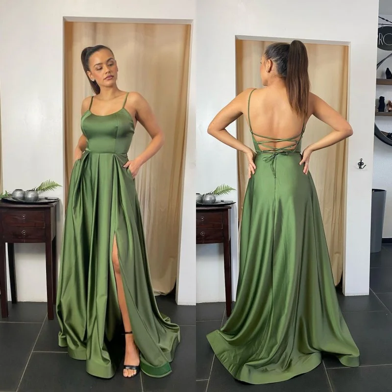 Spaghetti Straps Bateau High Split Long Prom Dress with Pockets main image 1