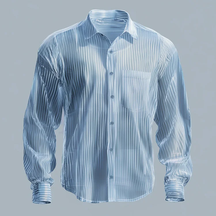 Okaywear See-Through Stripes Chest Pocket Button Long Sleeve Shirt 
