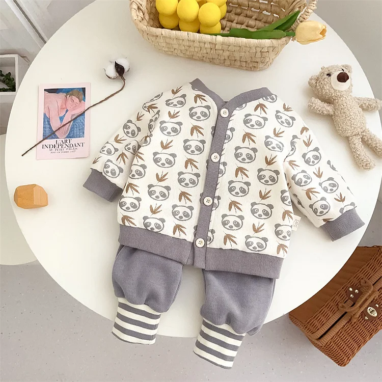 Baby Boy Allover Bear Print Long Sleeve Cardigan with Pants Set