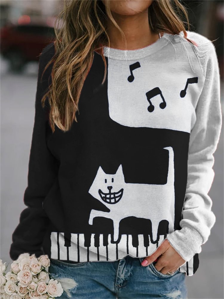 Vefave Lovely Cat On Piano Contrast Color Sweatshirt
