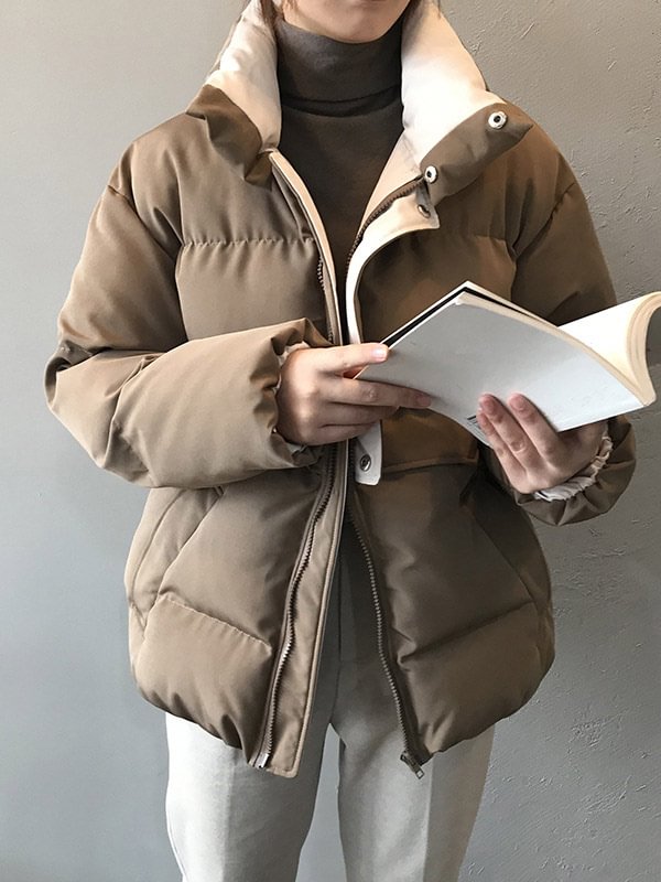 Stylish Contrast Color Stand Collar Cotton Padded Coat