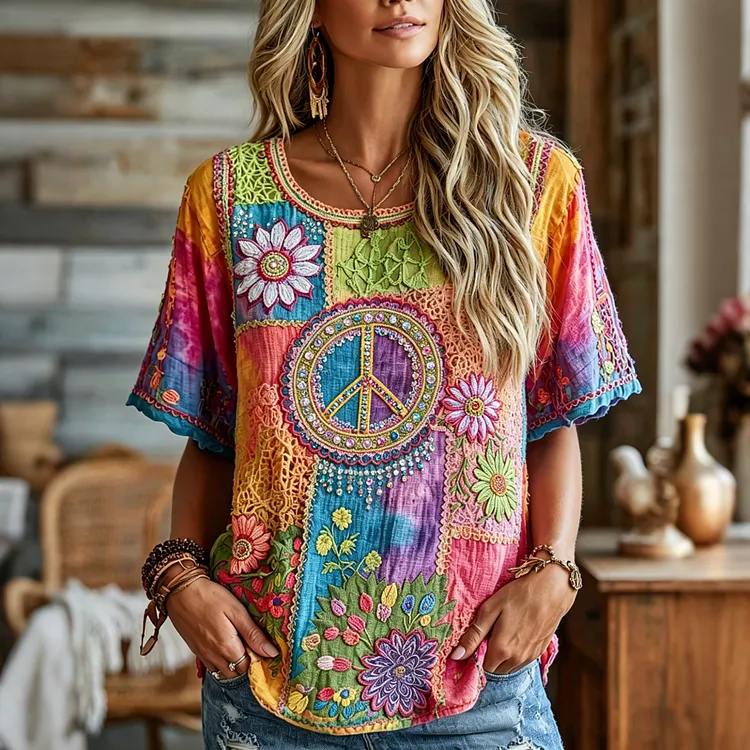 Women's Retro Hippie Floral And Peace Sign Embroidery Patchwork Art Linen Blend Crew Neck T-shirt