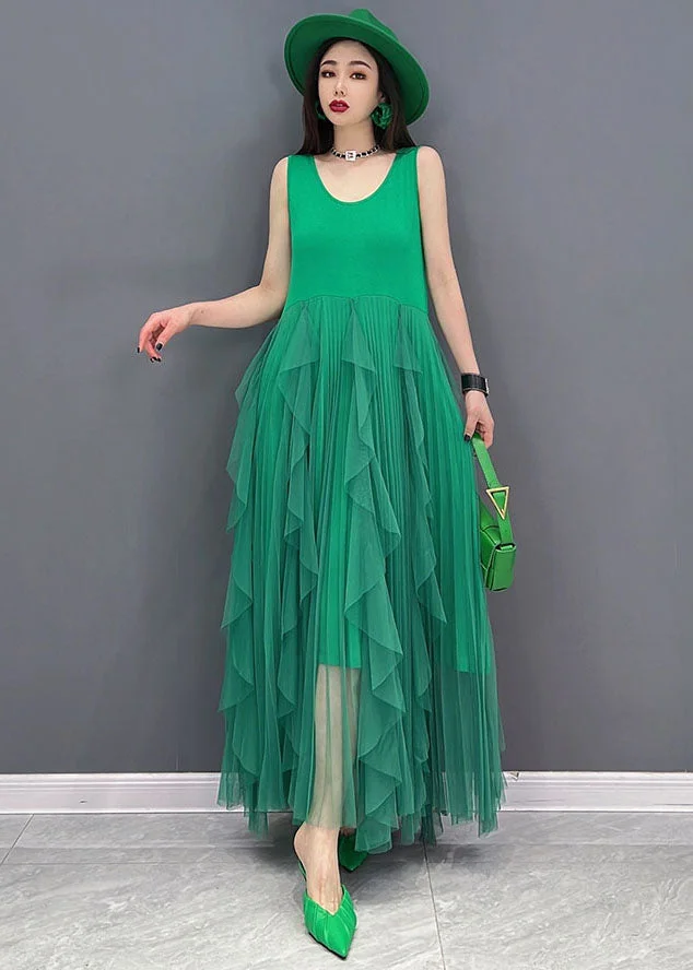 Green Tulle Patchwork Cotton Fitted Dresses O-Neck Sleeveless