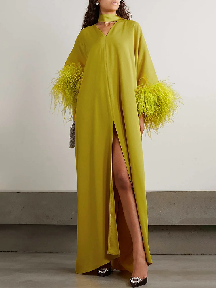 Split-front Solid Color Feathers Loose V-neck Maxi Dresses Evening Dresses