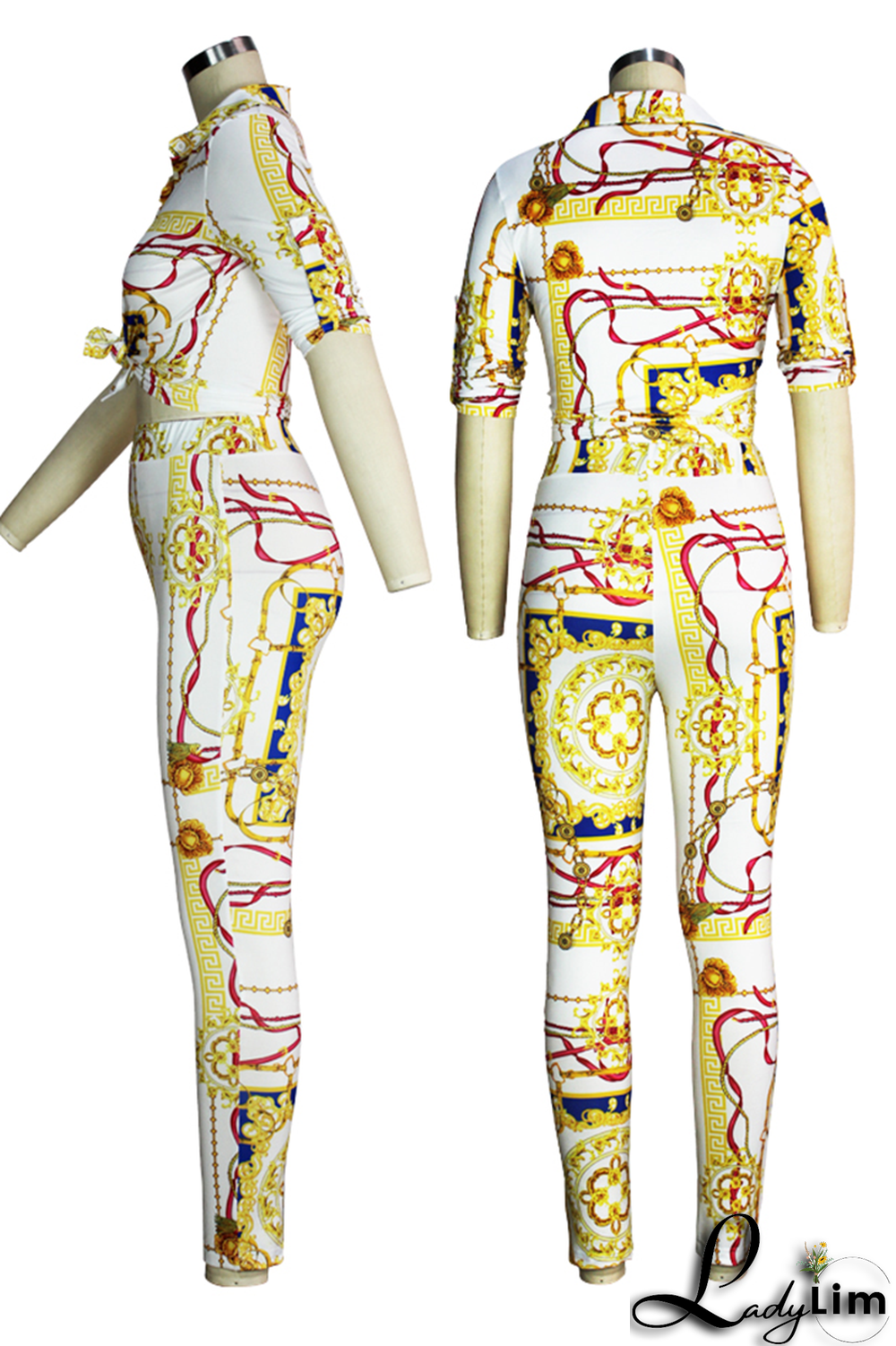 Yellow Sexy Patchwork Tie-dye Turndown Collar Long Sleeve Two Pieces