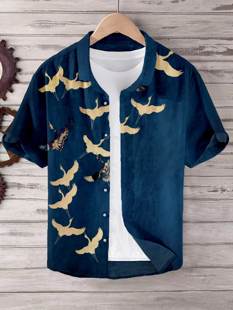 Comstylish Japanese Crane Formation Pattern Linen Blend Shirt