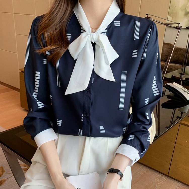 Navyblue Casual Chiffon Bow Shirts & Tops QueenFunky