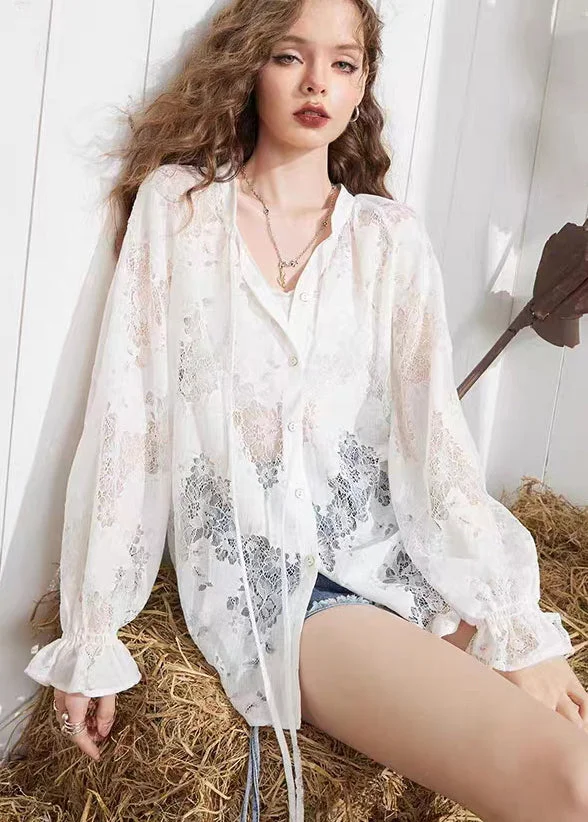 French White Hollow Out Patchwork Lace Shirt Tops Fall