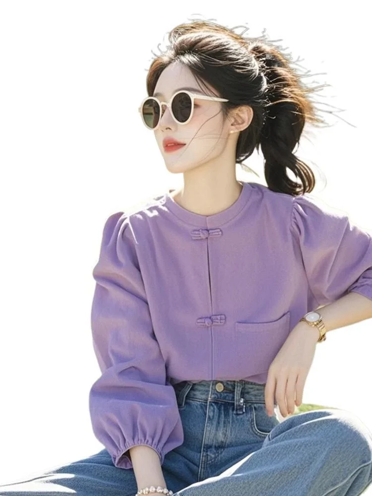 Athvotar Athvotar Chinese Style Buckle Round-Neck Shirt For Women In Spring 2025 New Ocean Design Purple Long-Sleeved Top