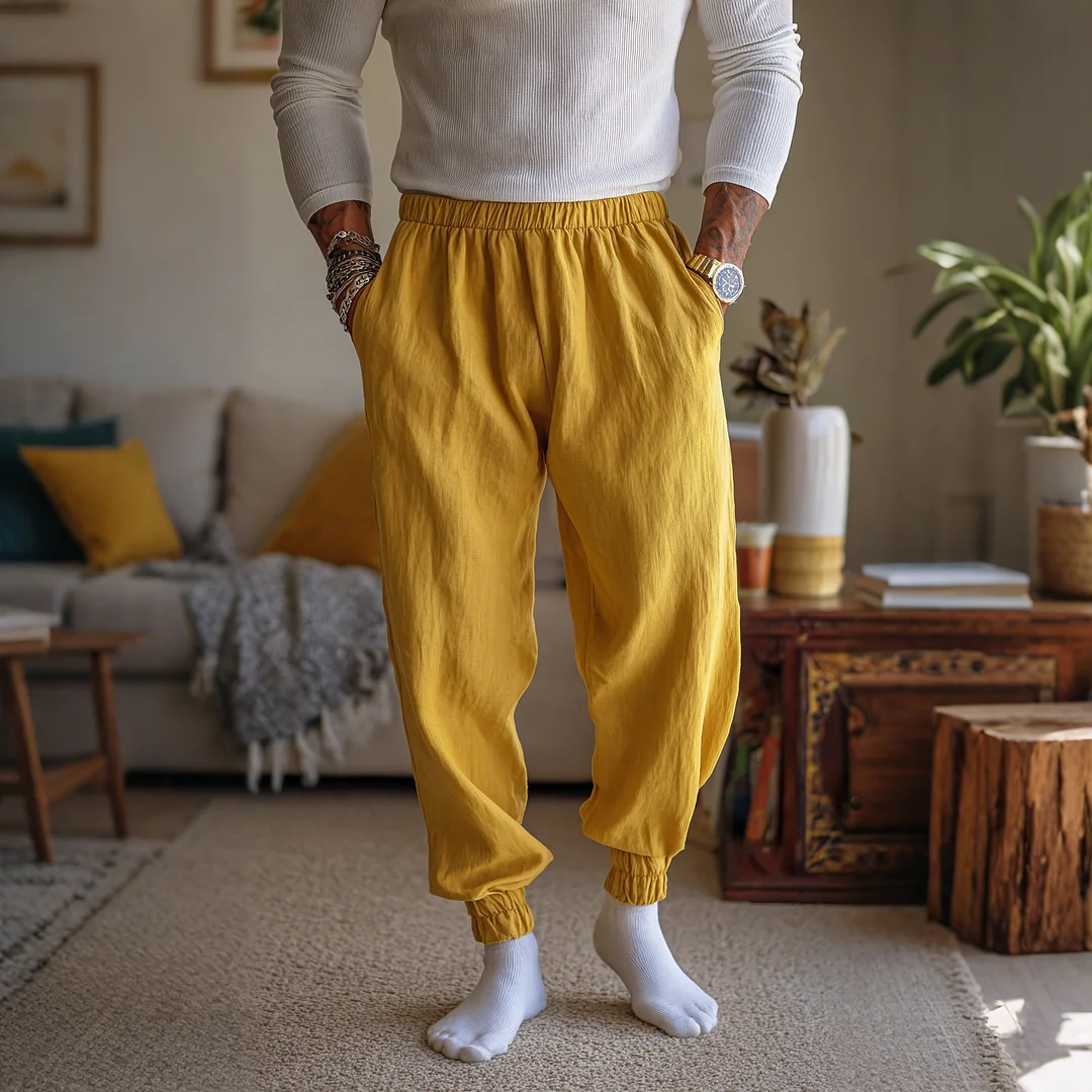 Men's Casual Linen Trousers, Loose Fit, Comfortable, Elastic Waistband, Suitable For Home And Outings.-inspireuse
