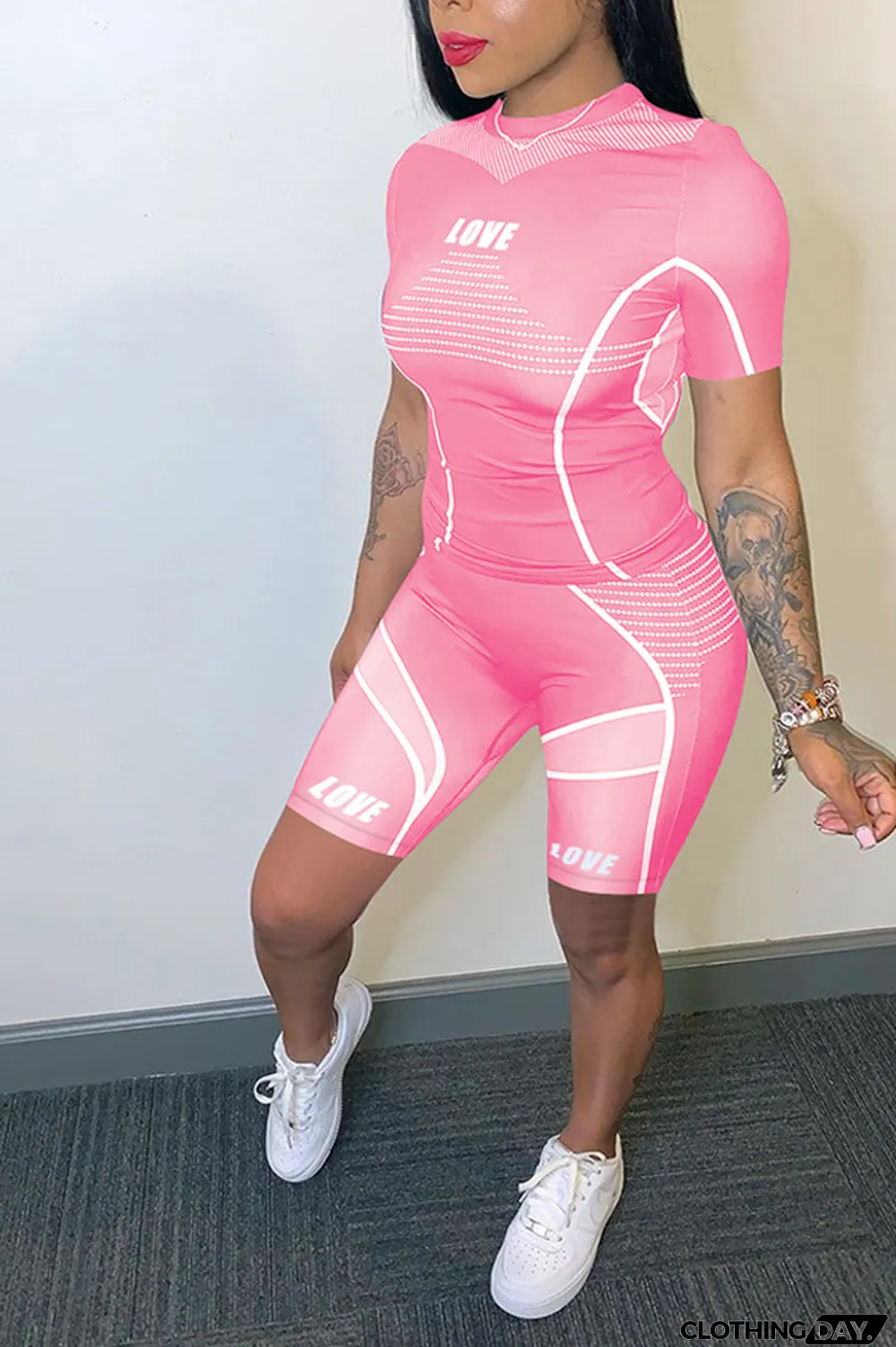 Pink knit Sexy Patchwork Print Straight Short Sleeve Two Pieces