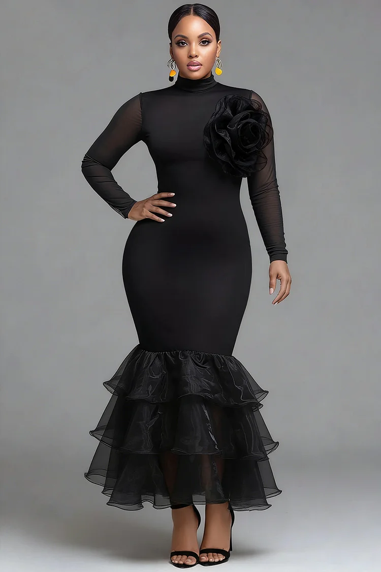 Xpluswear Design Plus Size Formal Black Mock Neck Long Sleeve Bodycon Elegant 3D Knitted Maxi Dresses 2024 - Xpluswear