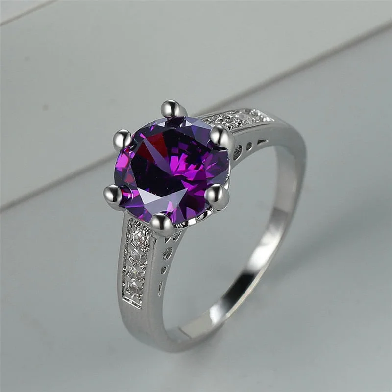 Luxury Female Small Purple Round Ring Classic Silver Color Engagement Ring Vintage Wedding Rings For Women