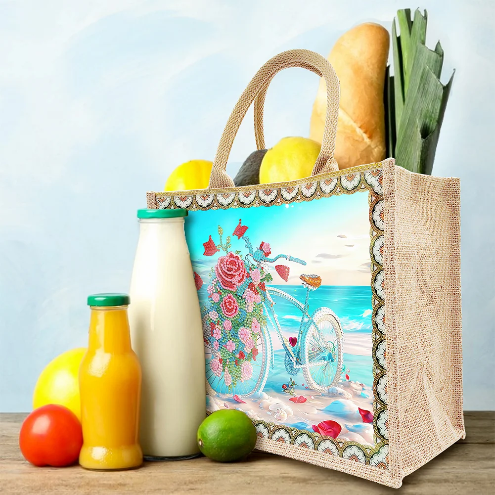 [Upgrade - Waterproof Bag]DIY Beach Bike Diamond Painting Tote Bag Replaceable Canvas for Women Adults