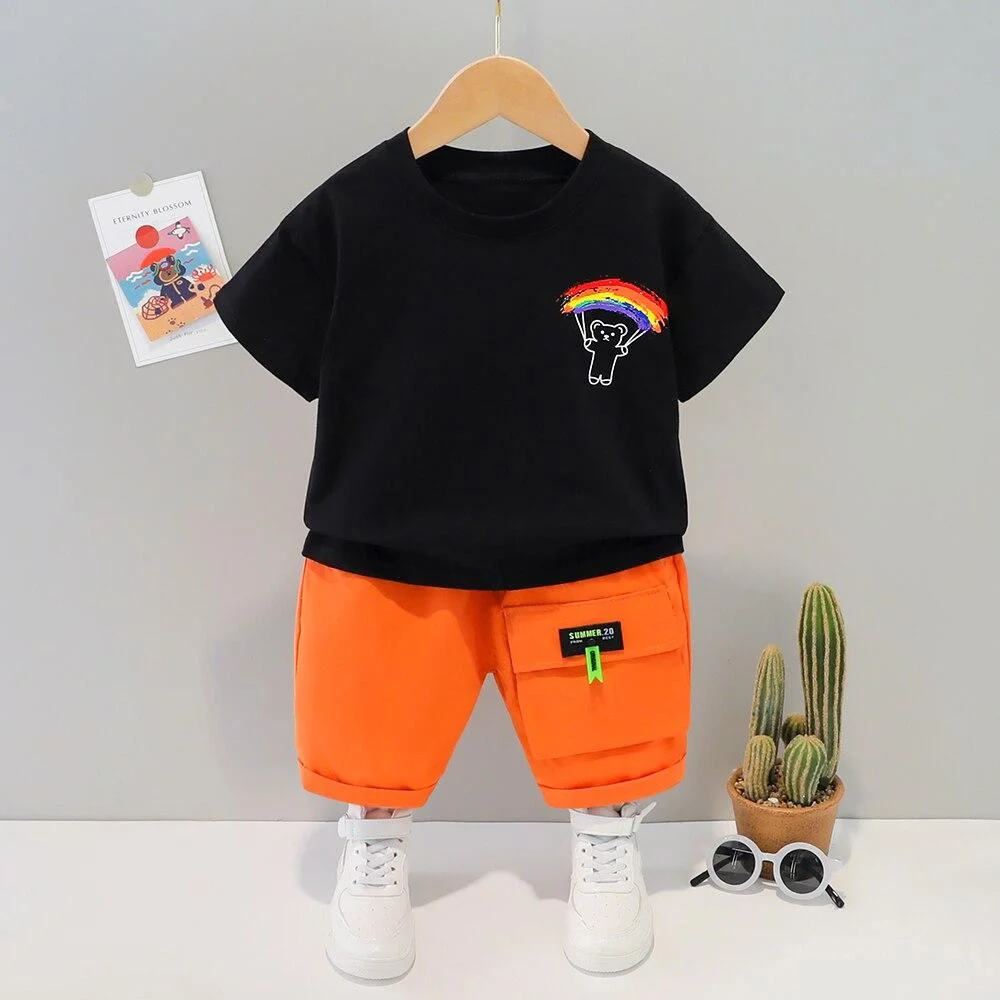 Fashion Outfit Baby Children Clothes Boy Short Suit 2021 Summer Rainbow Bear Short Sleeve Shorts Set Pure Cotton 1 2 3 4 Years