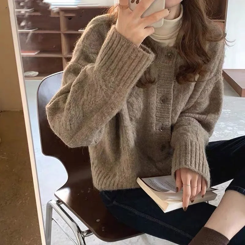 Korean Sweater Women Cardigan Spring Autumn Knitted Ribbed O-Neck Cropped Cardigans Ladies Single Breasted Casual Fashion Top
