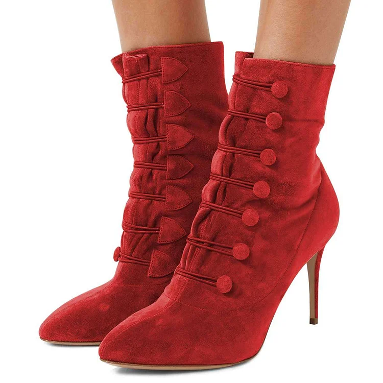 Red Vegan Suede Stiletto Heel Ankle Boots for Women |FSJ Shoes