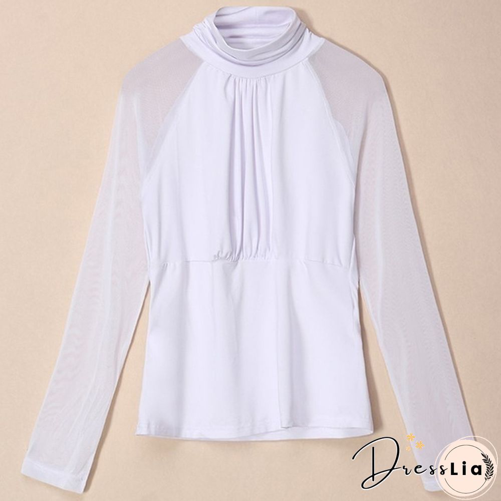 New Fashion Lady Blouse Lace Mesh Turtleneck Long Sleeves Slim Thin Patchwork Spring and Autum Shirt