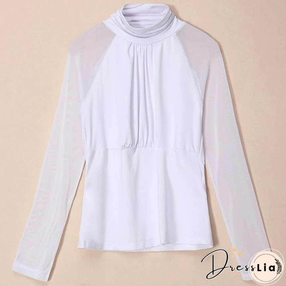 New Fashion Lady Blouse Lace Mesh Turtleneck Long Sleeves Slim Thin Patchwork Spring and Autum Shirt