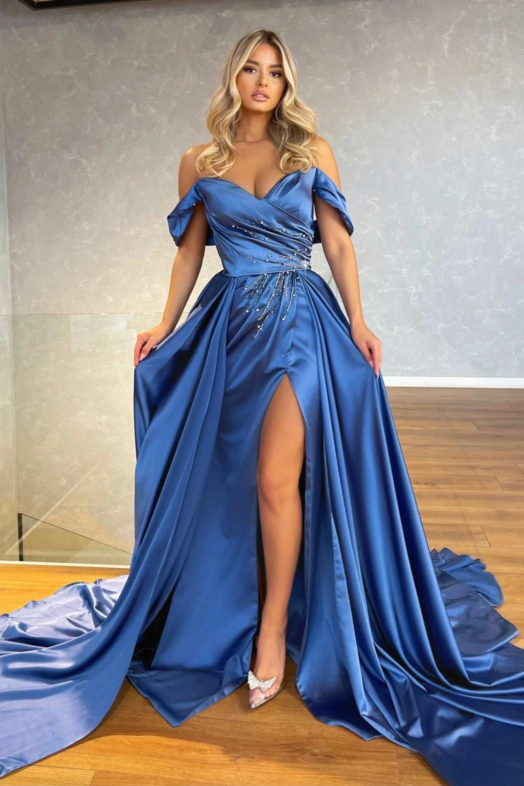 Off-the-Shoulder Blue Split Prom Dress Overskirt With Beadings PD0715